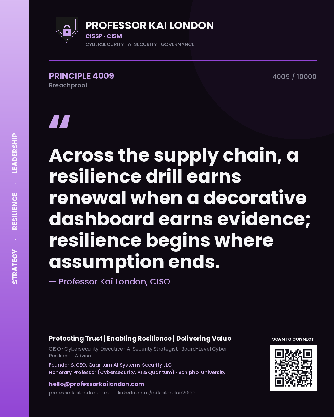 Quote card by Professor Kai London reading 'Across the supply chain, a resilience drill earns renewal when a decorative dashboard earns evidence; resilience begins where assumption ends.'. From the book Breachproof.