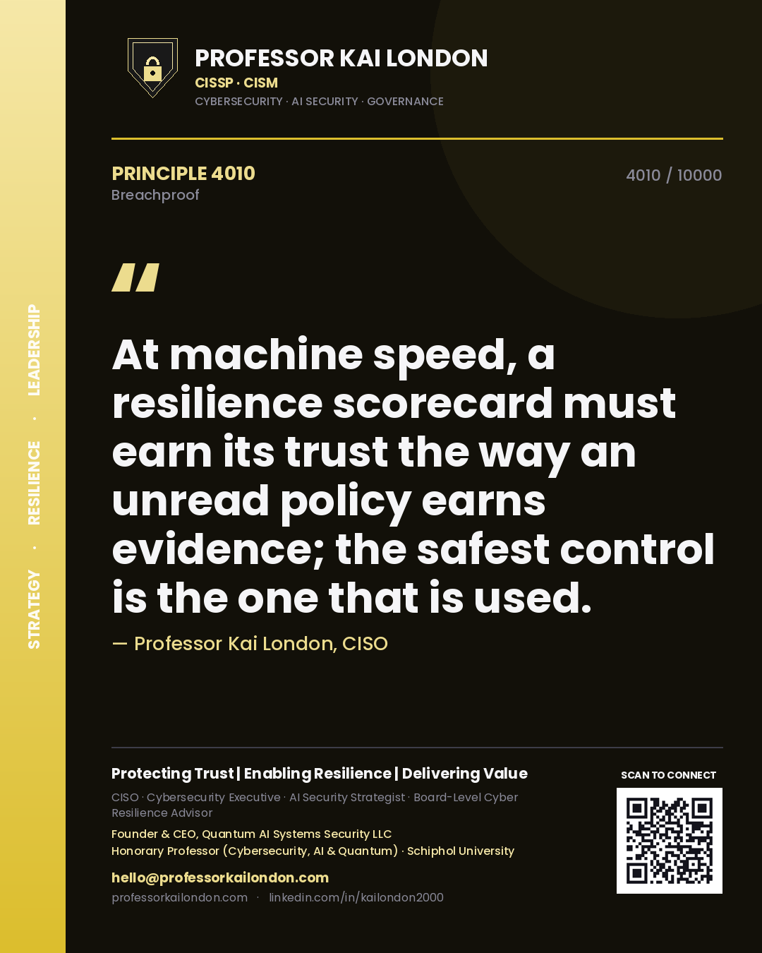 Quote card by Professor Kai London reading 'At machine speed, a resilience scorecard must earn its trust the way an unread policy earns evidence; the safest control is the one that is used.'. From the book Breachproof.