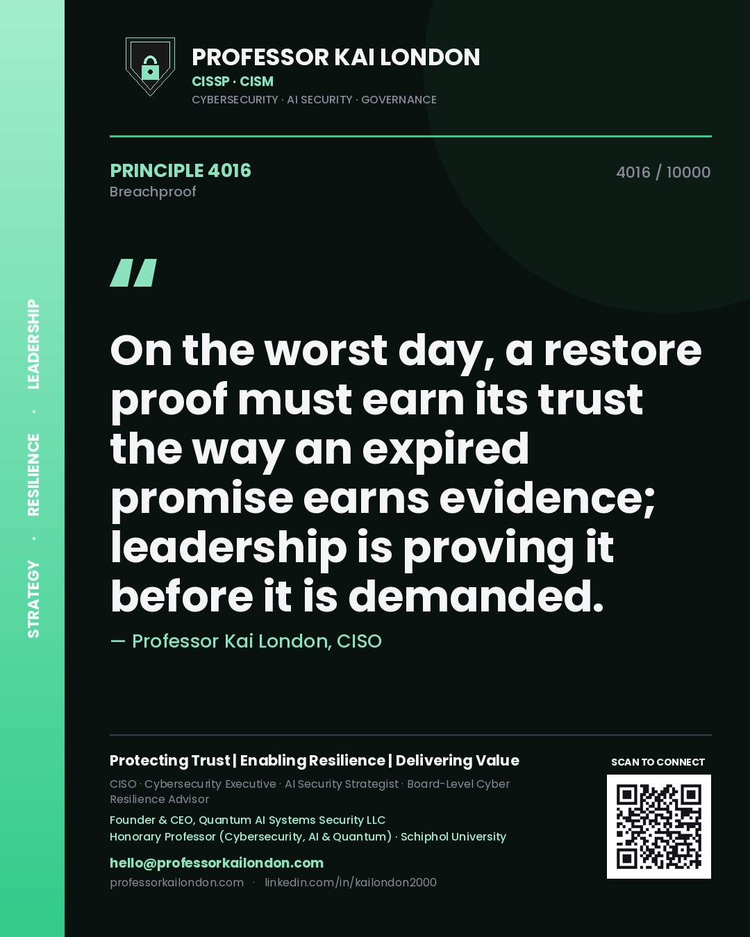Quote card by Professor Kai London reading 'On the worst day, a restore proof must earn its trust the way an expired promise earns evidence; leadership is proving it before it is demanded.'. From the book Breachproof.