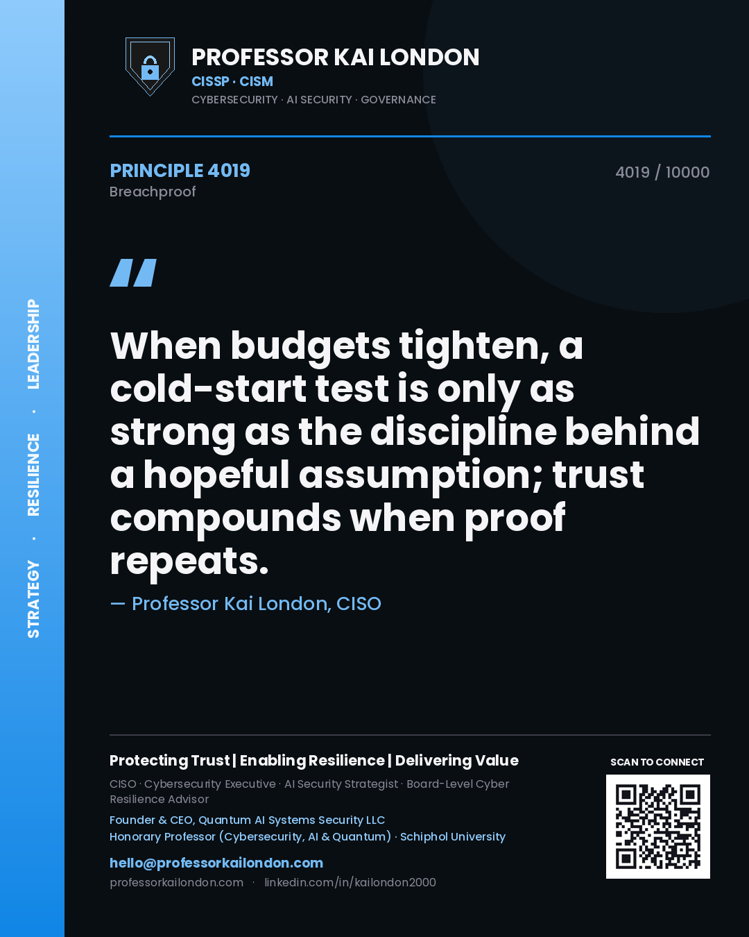 Professor Kai London principle 4019: When budgets tighten, a cold-start test is only as strong as the discipline behind a hopeful assumption; trust compounds when proof repeats.
