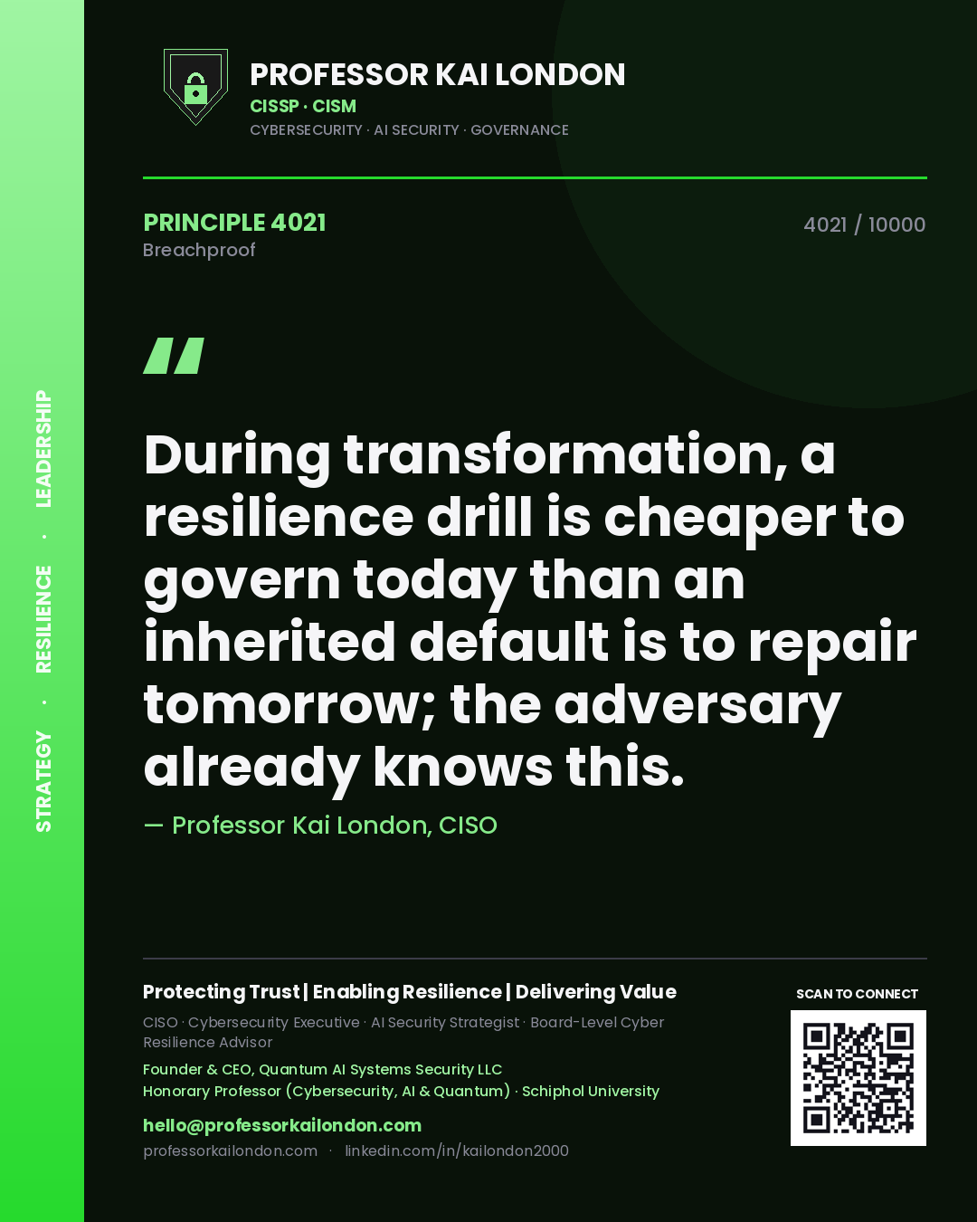 Quote card by Professor Kai London reading 'During transformation, a resilience drill is cheaper to govern today than an inherited default is to repair tomorrow; the adversary already knows this.'. From the book Breachproof.