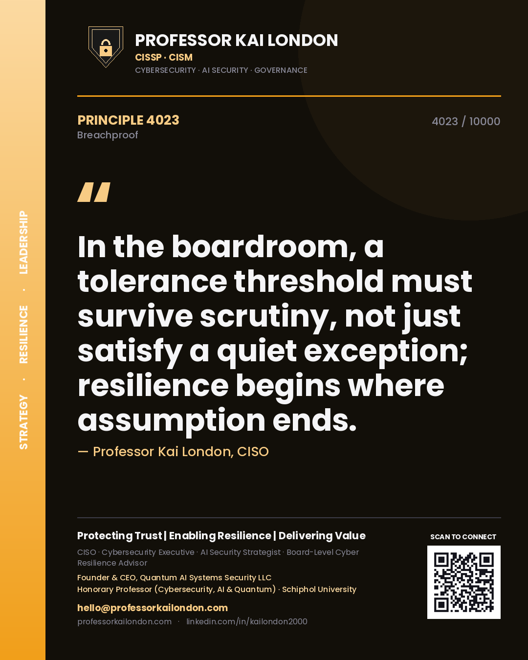 Quote card by Professor Kai London reading 'In the boardroom, a tolerance threshold must survive scrutiny, not just satisfy a quiet exception; resilience begins where assumption ends.'. From the book Breachproof.
