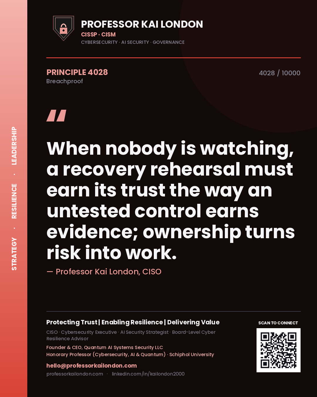 Quote card by Professor Kai London reading 'When nobody is watching, a recovery rehearsal must earn its trust the way an untested control earns evidence; ownership turns risk into work.'. From the book Breachproof.