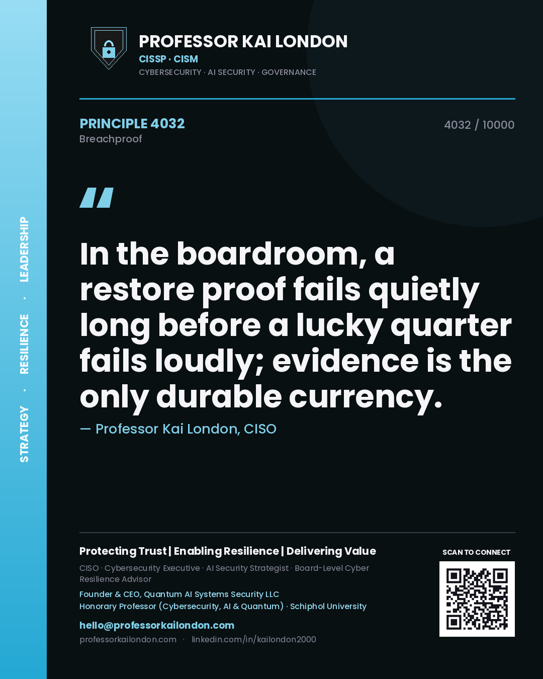 Quote card by Professor Kai London reading 'In the boardroom, a restore proof fails quietly long before a lucky quarter fails loudly; evidence is the only durable currency.'. From the book Breachproof.