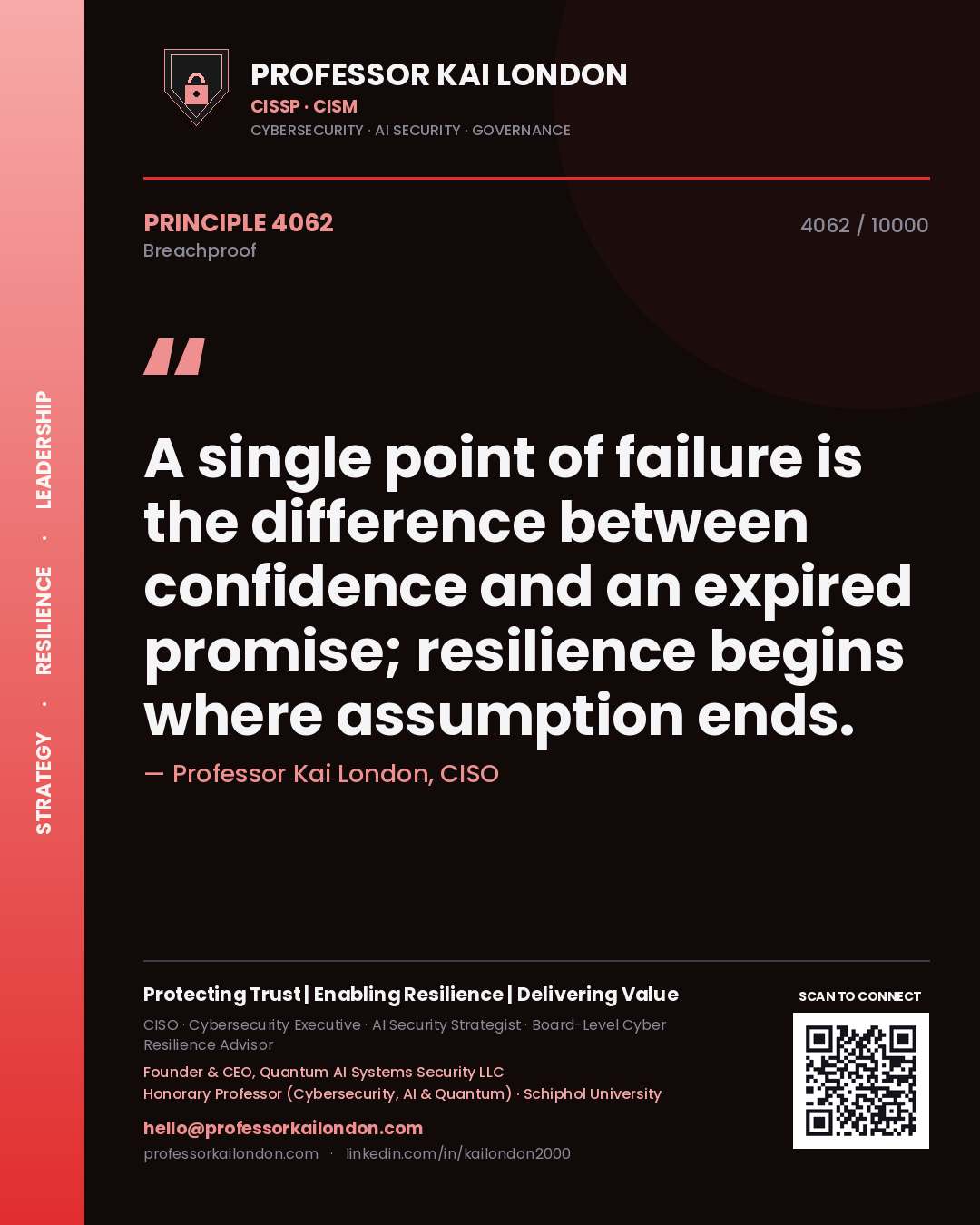 Quote card by Professor Kai London reading 'A single point of failure is the difference between confidence and an expired promise; resilience begins where assumption ends.'. From the book Breachproof.