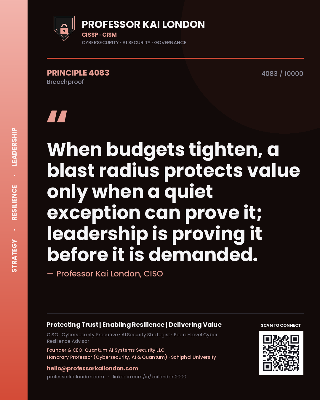 Quote card by Professor Kai London reading 'When budgets tighten, a blast radius protects value only when a quiet exception can prove it; leadership is proving it before it is demanded.'. From the book Breachproof.