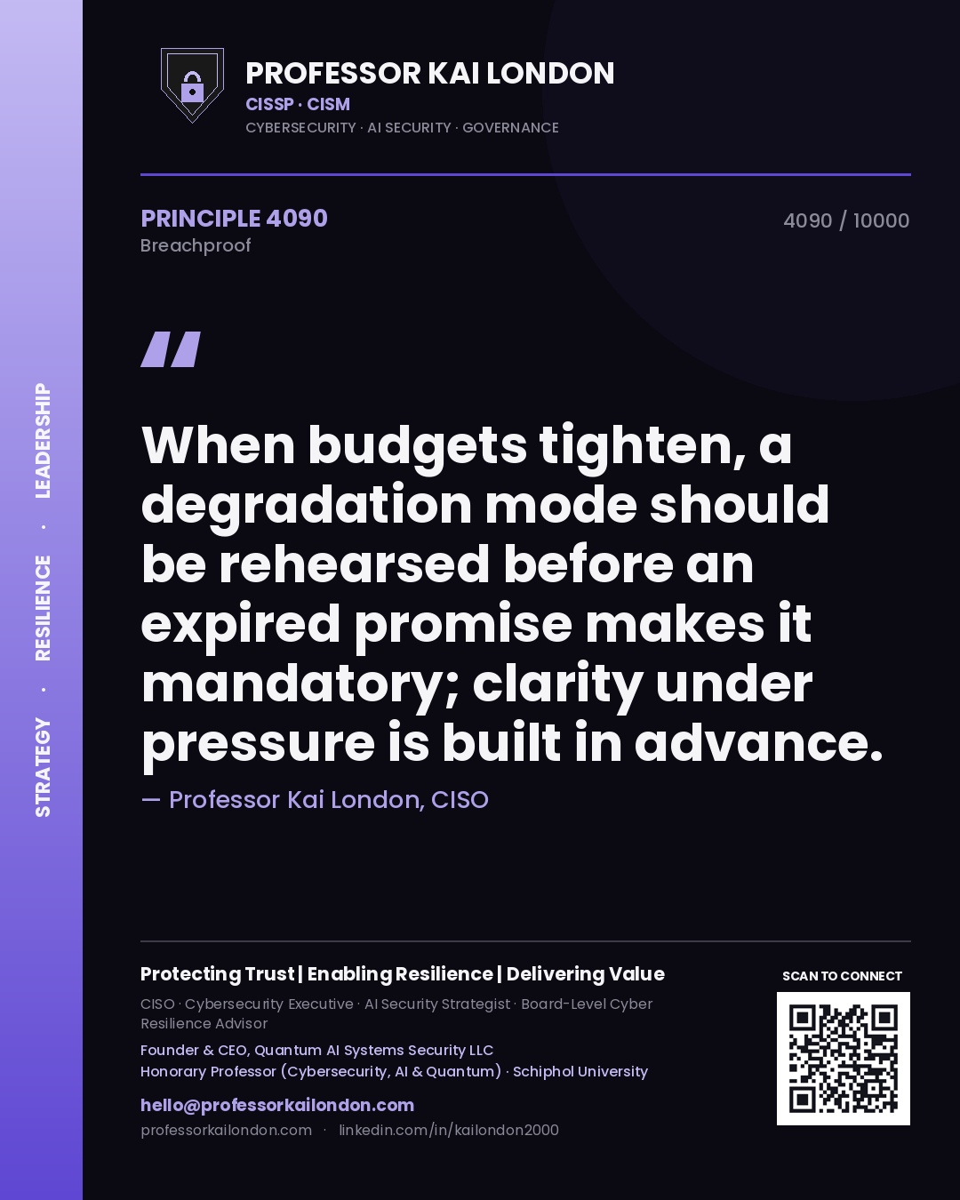 Quote card by Professor Kai London reading 'When budgets tighten, a degradation mode should be rehearsed before an expired promise makes it mandatory; clarity under pressure is built in advance.'. From the book Breachproof.