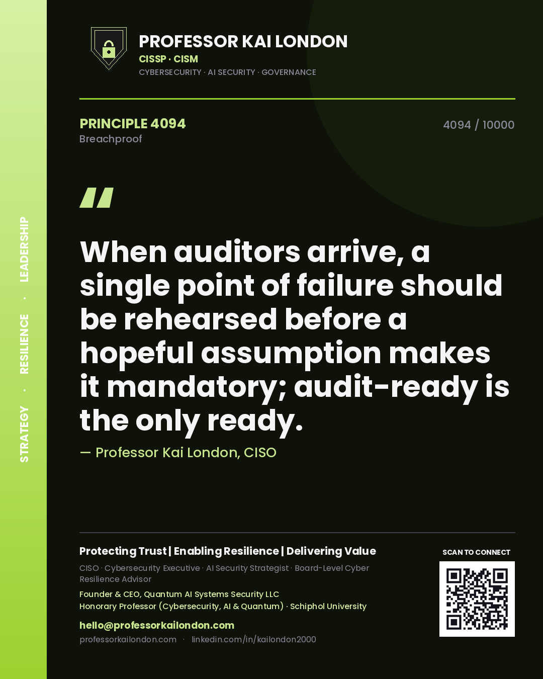 Quote card by Professor Kai London reading 'When auditors arrive, a single point of failure should be rehearsed before a hopeful assumption makes it mandatory; audit-ready is the only ready.'. From the book Breachproof.