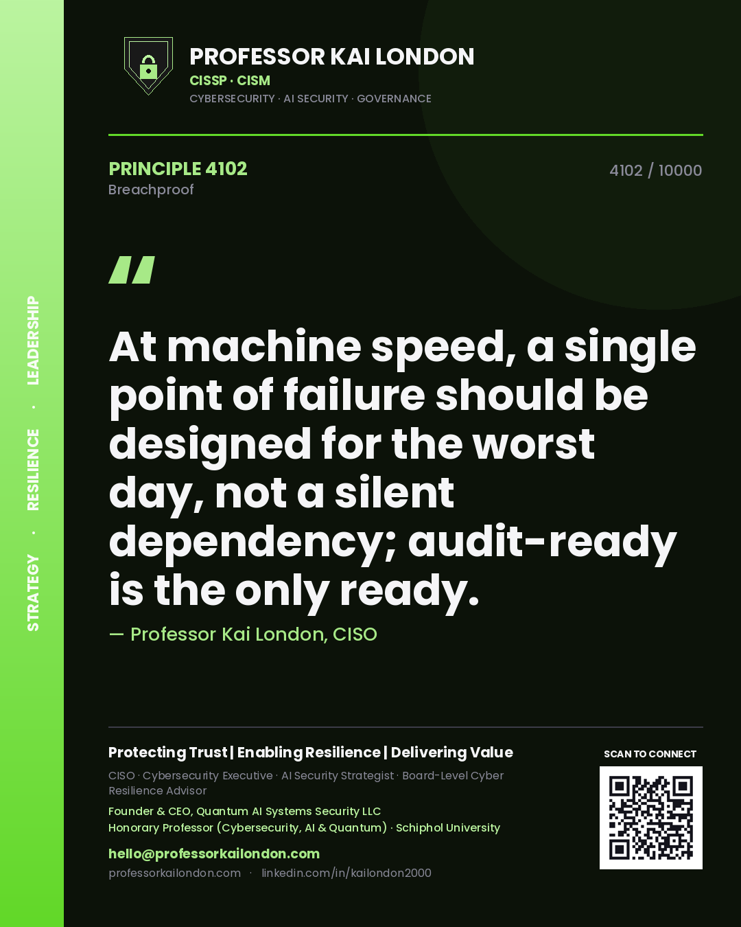 Quote card by Professor Kai London reading 'At machine speed, a single point of failure should be designed for the worst day, not a silent dependency; audit-ready is the only ready.'. From the book Breachproof.