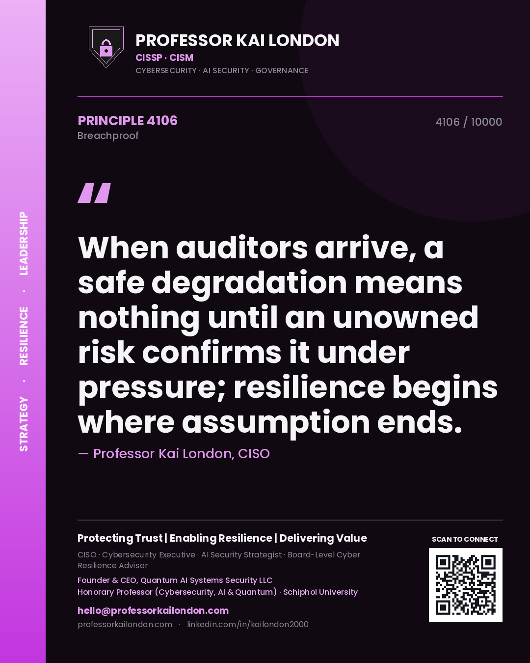 Quote card by Professor Kai London reading 'When auditors arrive, a safe degradation means nothing until an unowned risk confirms it under pressure; resilience begins where assumption ends.'. From the book Breachproof.