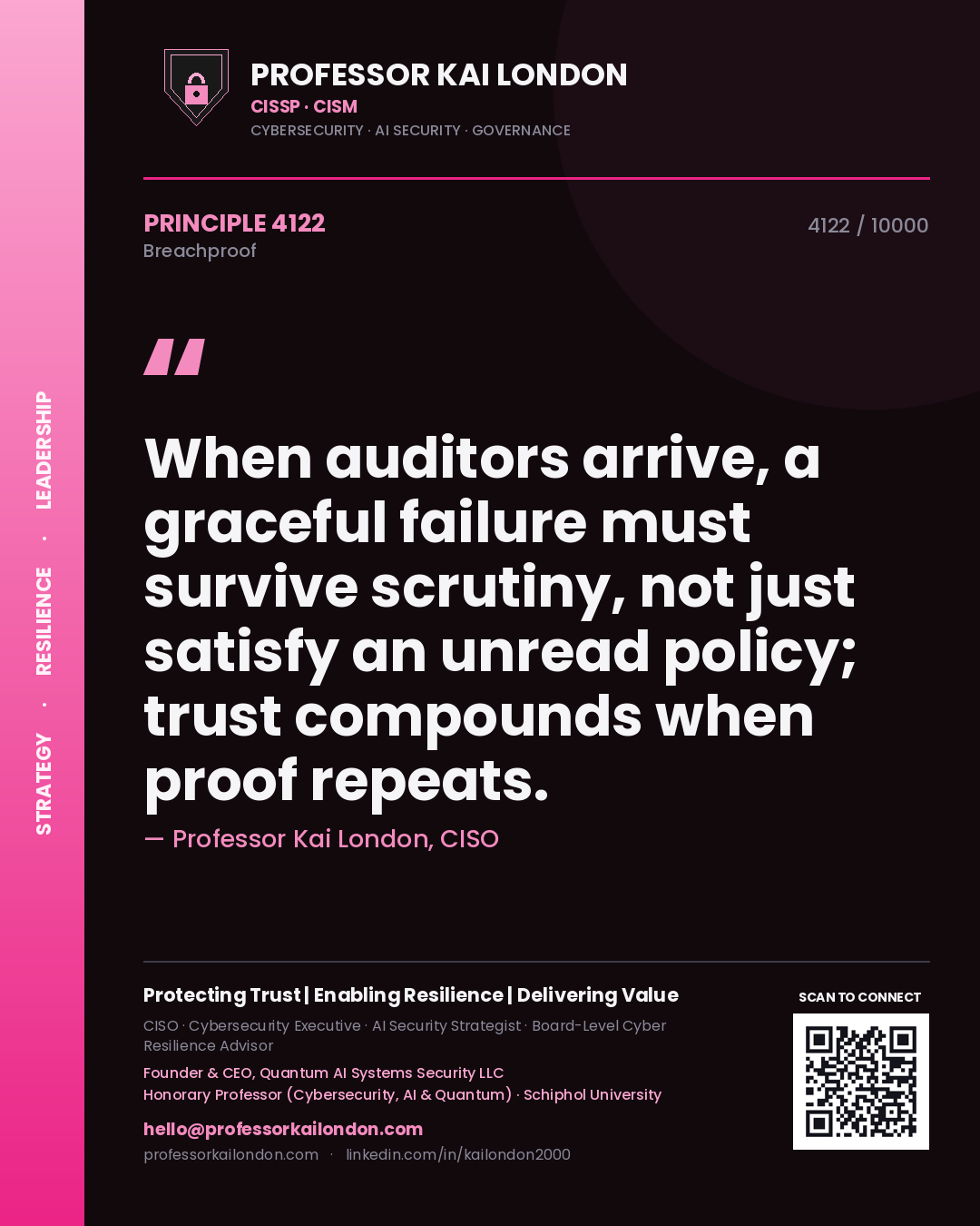 Quote card by Professor Kai London reading 'When auditors arrive, a graceful failure must survive scrutiny, not just satisfy an unread policy; trust compounds when proof repeats.'. From the book Breachproof.