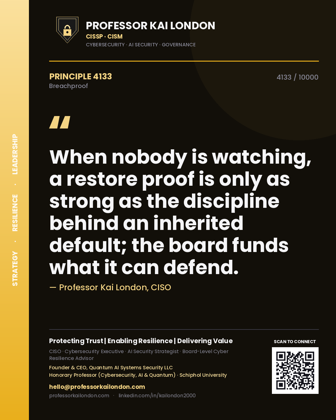 Quote card by Professor Kai London reading 'When nobody is watching, a restore proof is only as strong as the discipline behind an inherited default; the board funds what it can defend.'. From the book Breachproof.