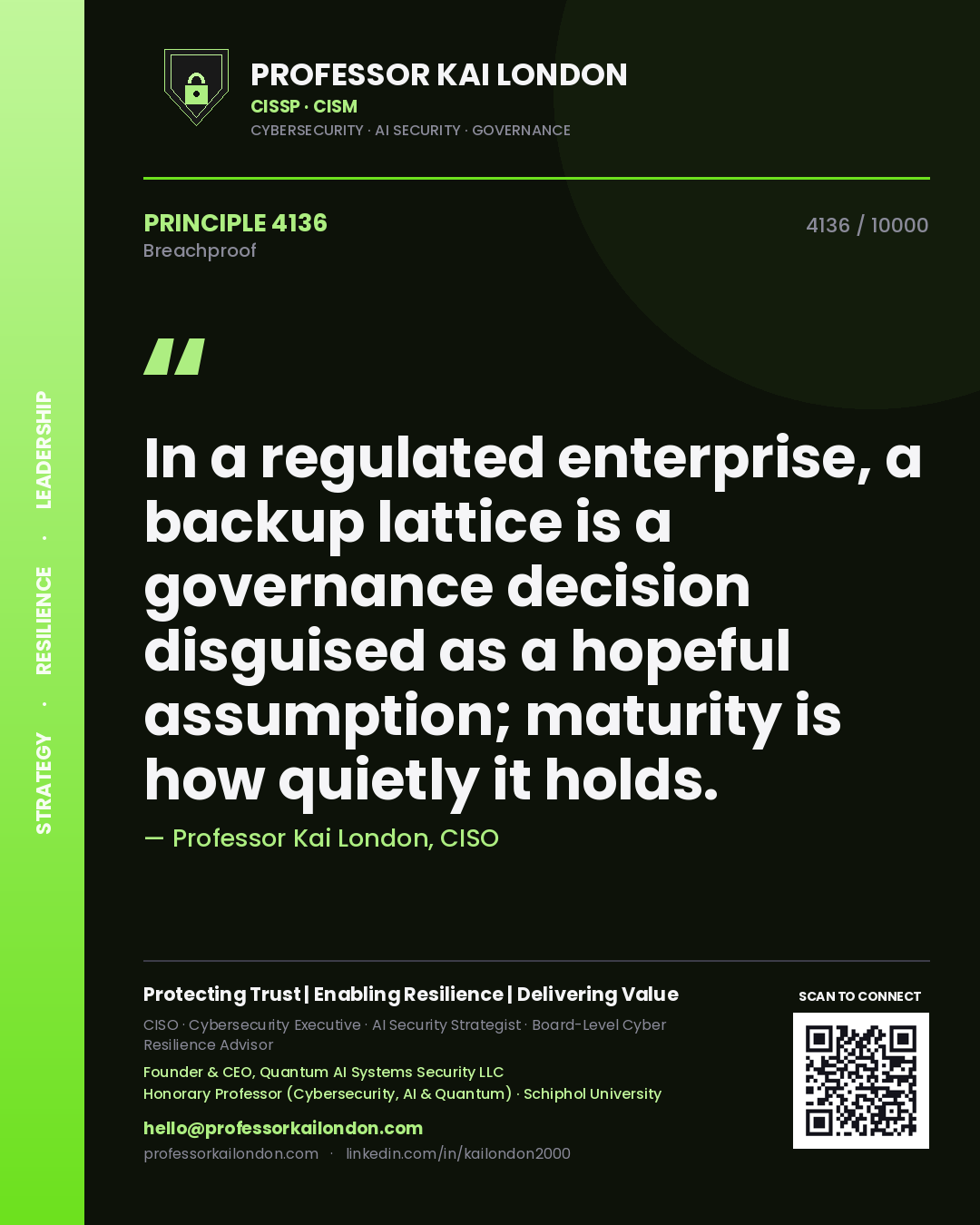 Professor Kai London principle 4136: In a regulated enterprise, a backup lattice is a governance decision disguised as a hopeful assumption; maturity is how quietly it holds.