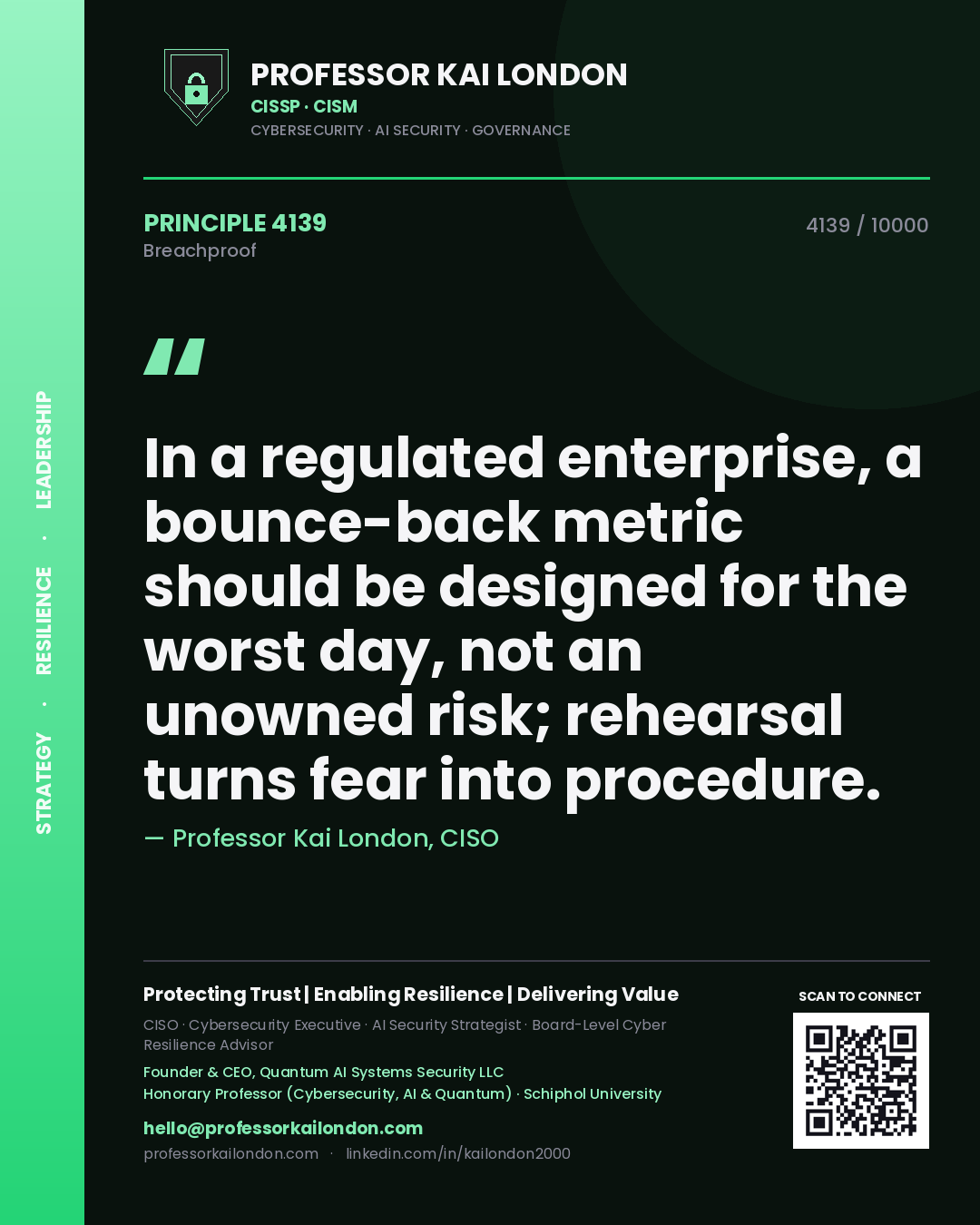 Professor Kai London principle 4139: In a regulated enterprise, a bounce-back metric should be designed for the worst day, not an unowned risk; rehearsal turns fear into procedure.