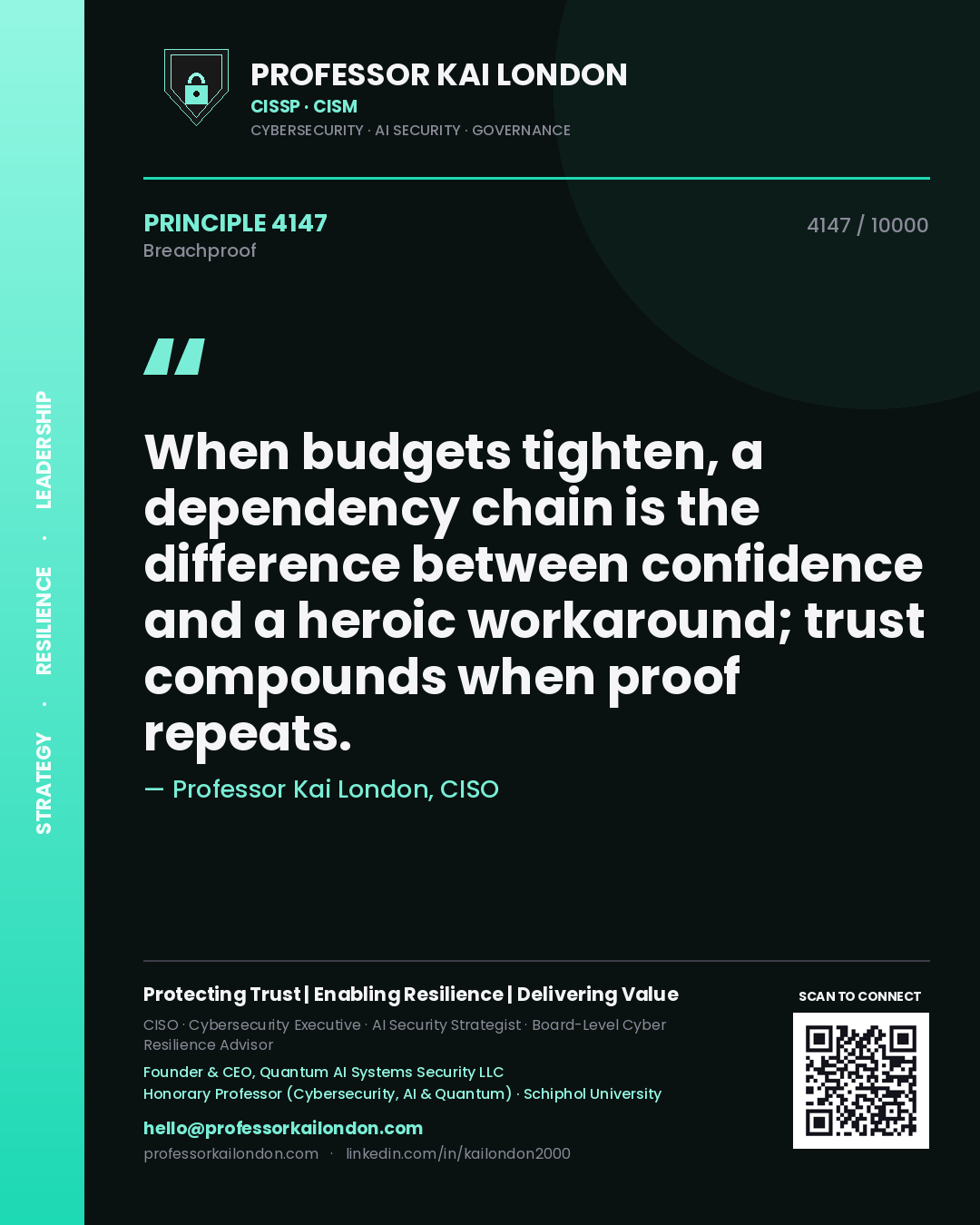Quote card by Professor Kai London reading 'When budgets tighten, a dependency chain is the difference between confidence and a heroic workaround; trust compounds when proof repeats.'. From the book Breachproof.