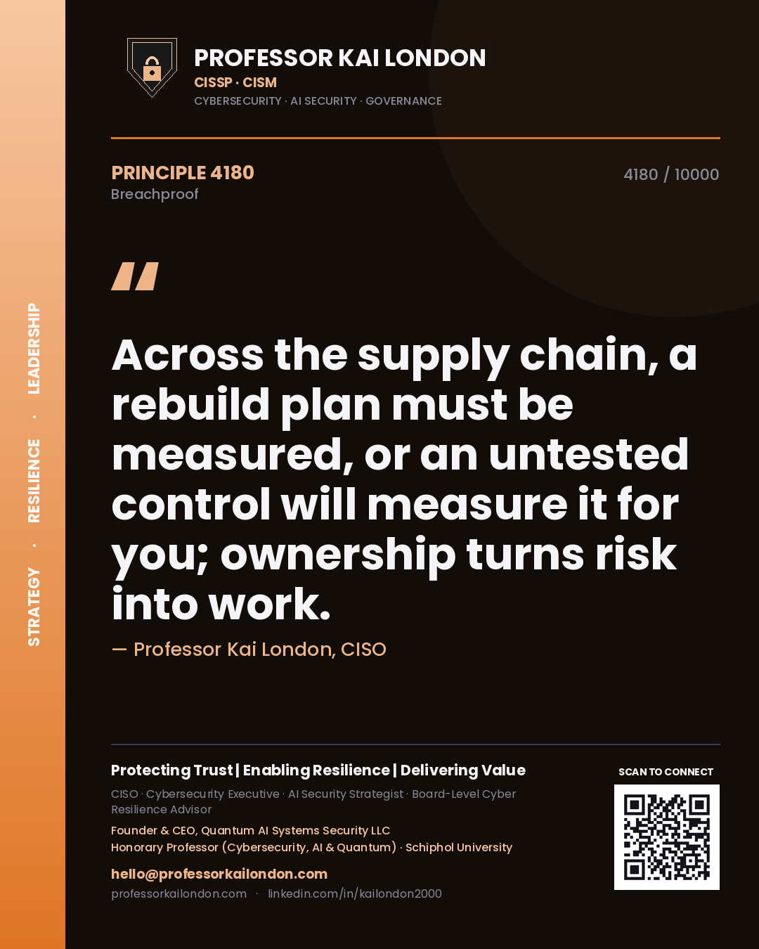 Quote card by Professor Kai London reading 'Across the supply chain, a rebuild plan must be measured, or an untested control will measure it for you; ownership turns risk into work.'. From the book Breachproof.