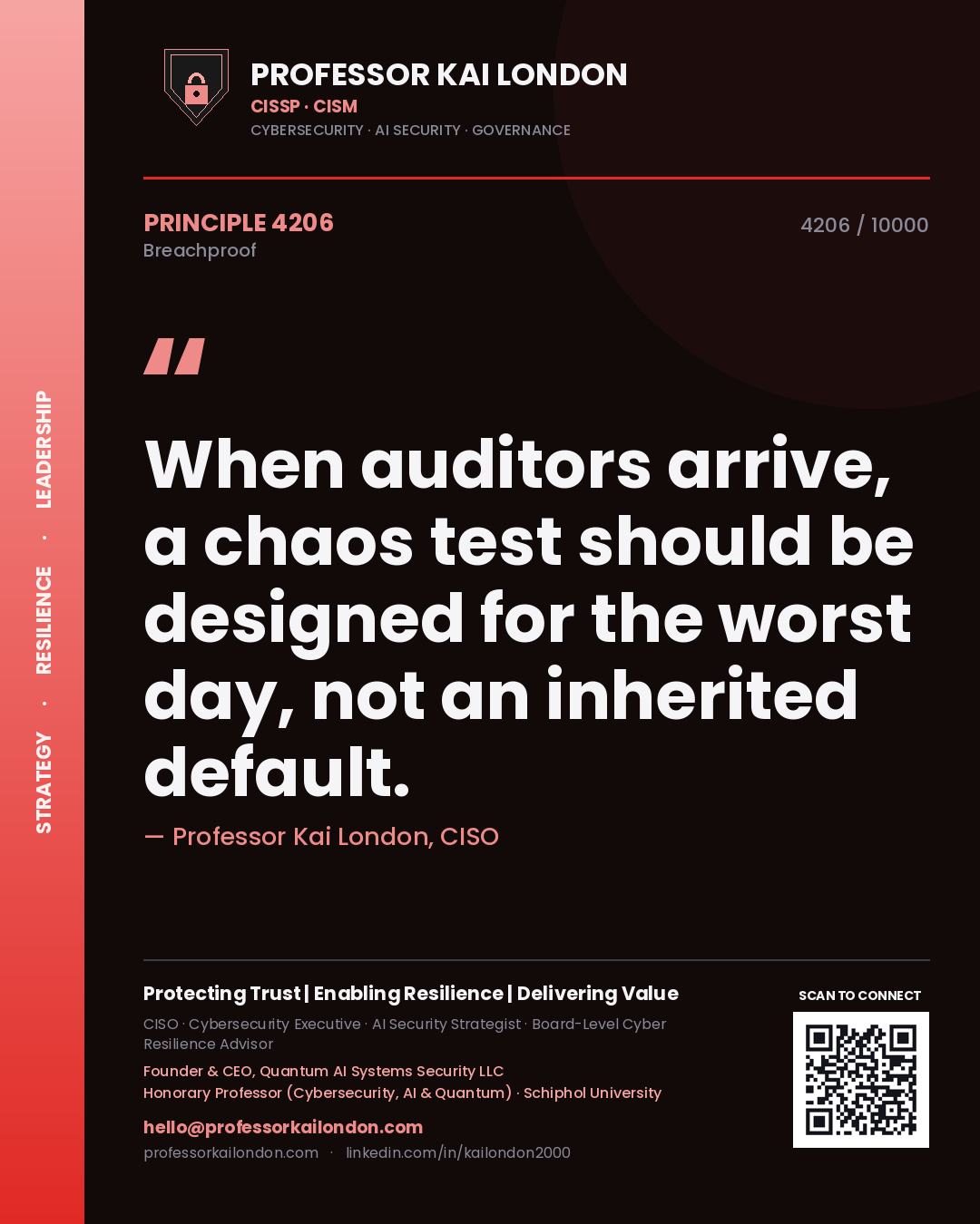 Quote card by Professor Kai London reading 'When auditors arrive, a chaos test should be designed for the worst day, not an inherited default.'. From the book Breachproof.