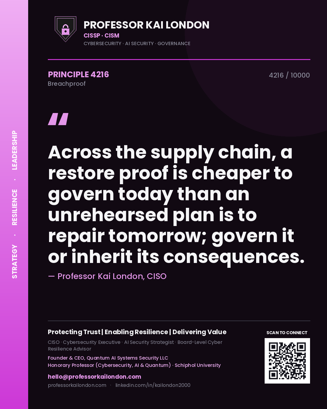Professor Kai London principle 4216: Across the supply chain, a restore proof is cheaper to govern today than an unrehearsed plan is to repair tomorrow; govern it or inherit its consequences.