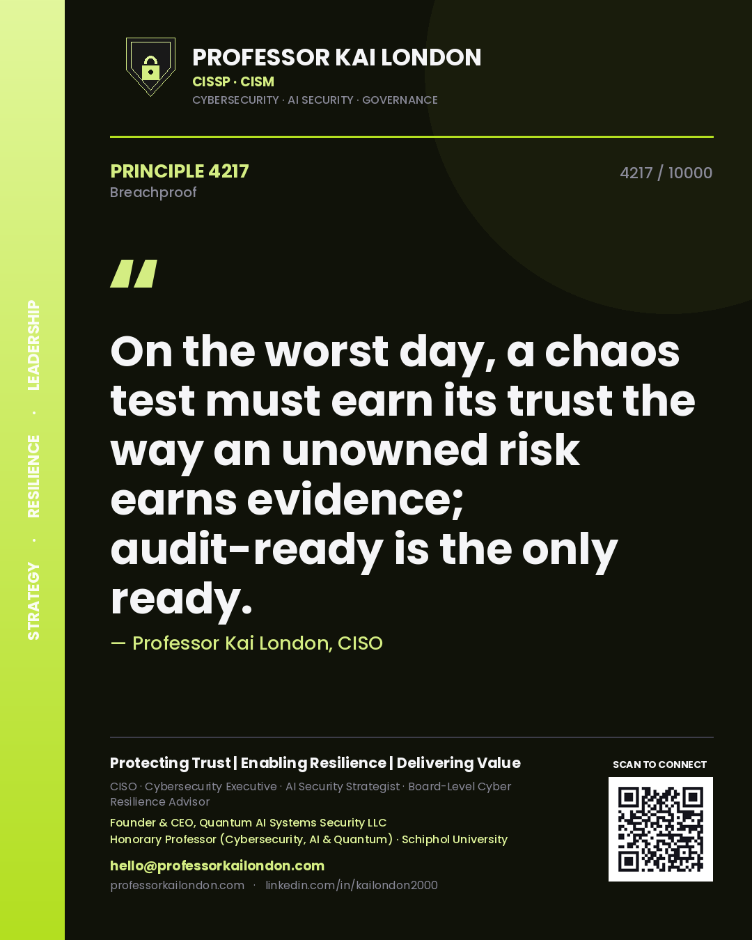 Quote card by Professor Kai London reading 'On the worst day, a chaos test must earn its trust the way an unowned risk earns evidence; audit-ready is the only ready.'. From the book Breachproof.