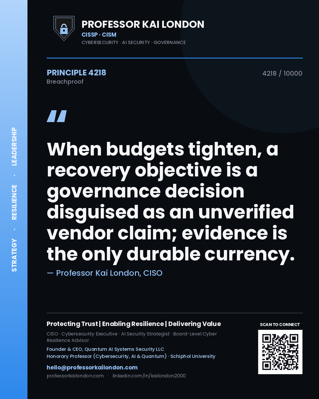 Professor Kai London principle 4218: When budgets tighten, a recovery objective is a governance decision disguised as an unverified vendor claim; evidence is the only durable currency.