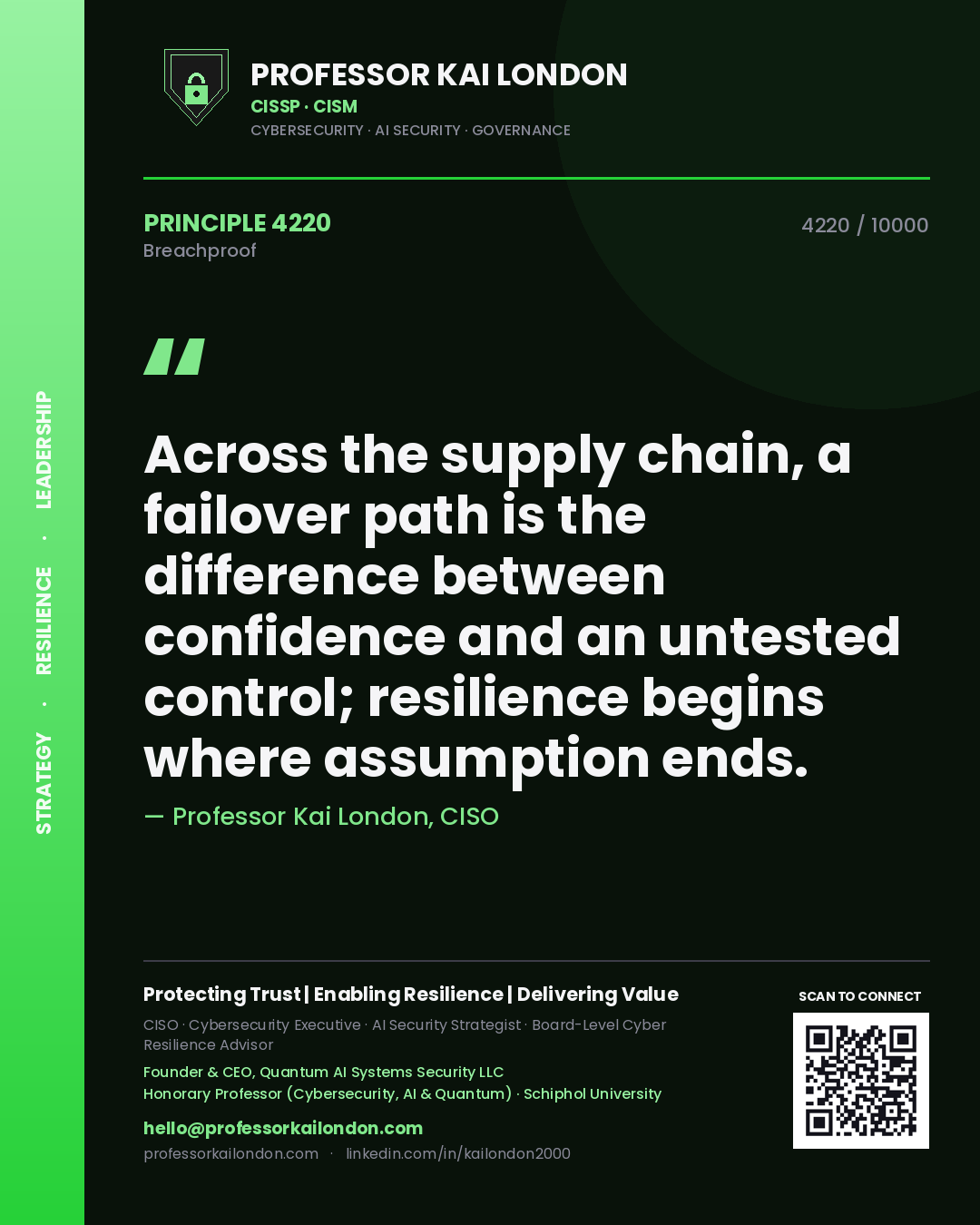 Professor Kai London principle 4220: Across the supply chain, a failover path is the difference between confidence and an untested control; resilience begins where assumption ends.