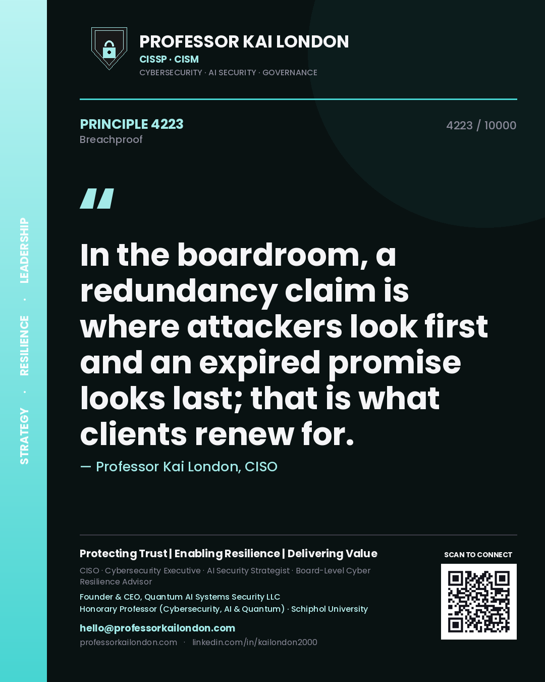 Professor Kai London principle 4223: In the boardroom, a redundancy claim is where attackers look first and an expired promise looks last; that is what clients renew for.