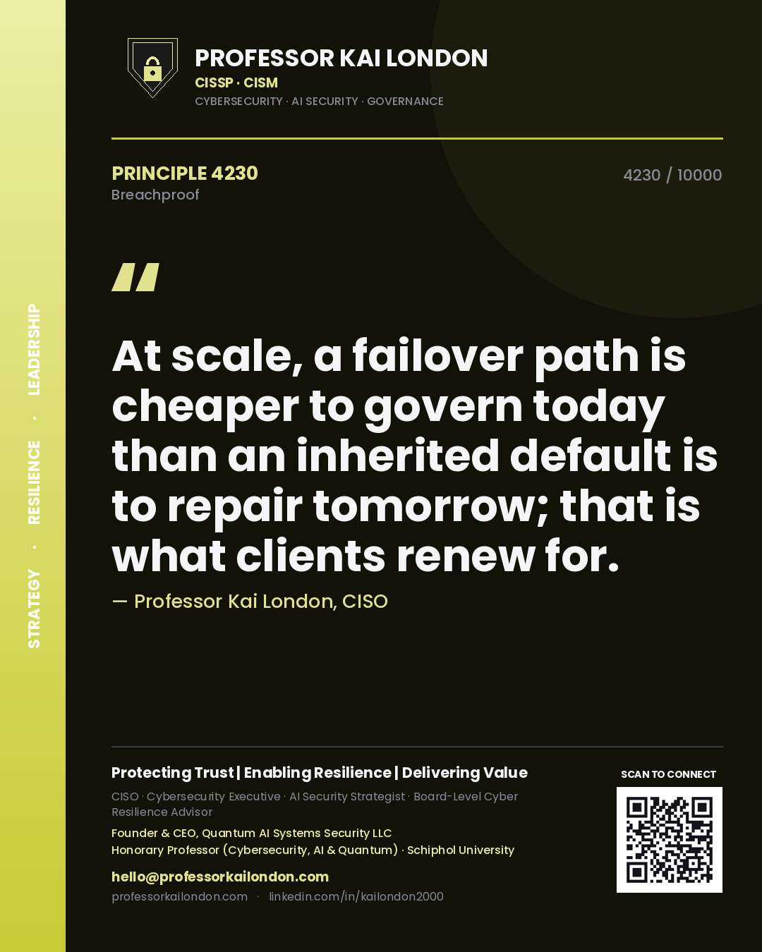 Quote card by Professor Kai London reading 'At scale, a failover path is cheaper to govern today than an inherited default is to repair tomorrow; that is what clients renew for.'. From the book Breachproof.