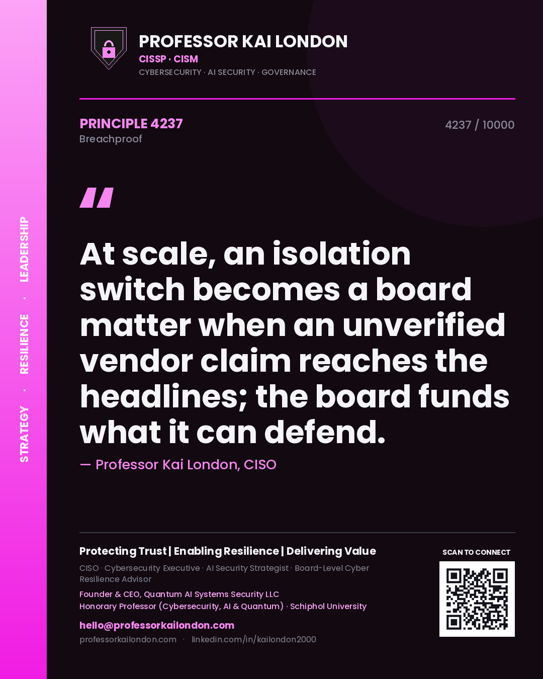 Quote card by Professor Kai London reading 'At scale, an isolation switch becomes a board matter when an unverified vendor claim reaches the headlines; the board funds what it can defend.'. From the book Breachproof.
