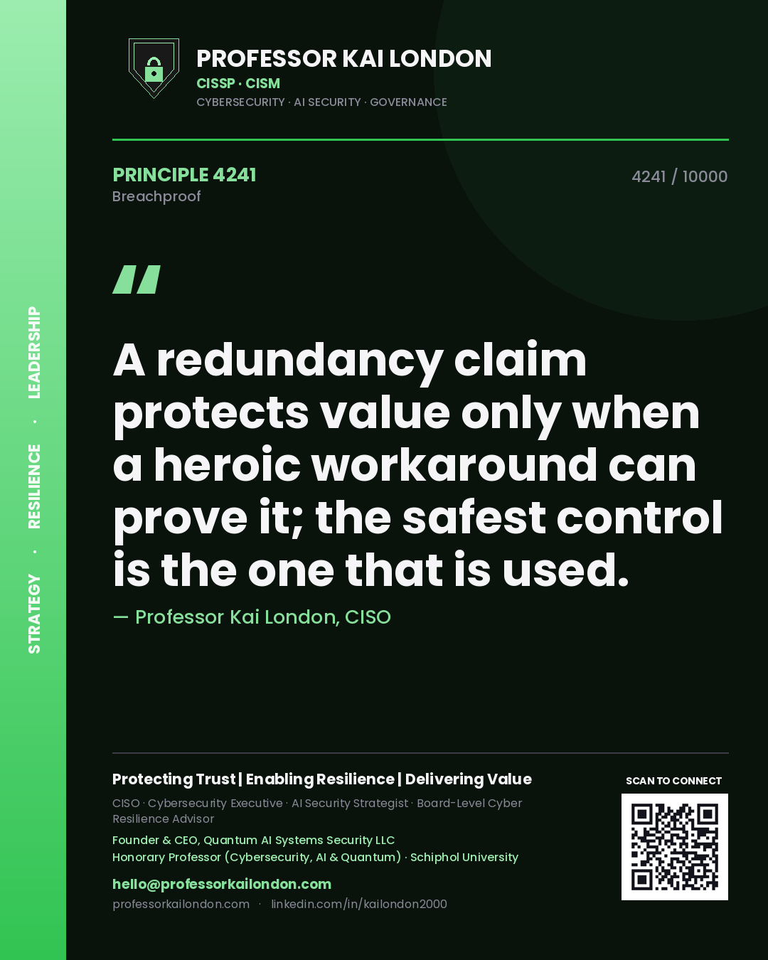 Quote card by Professor Kai London reading 'A redundancy claim protects value only when a heroic workaround can prove it; the safest control is the one that is used.'. From the book Breachproof.