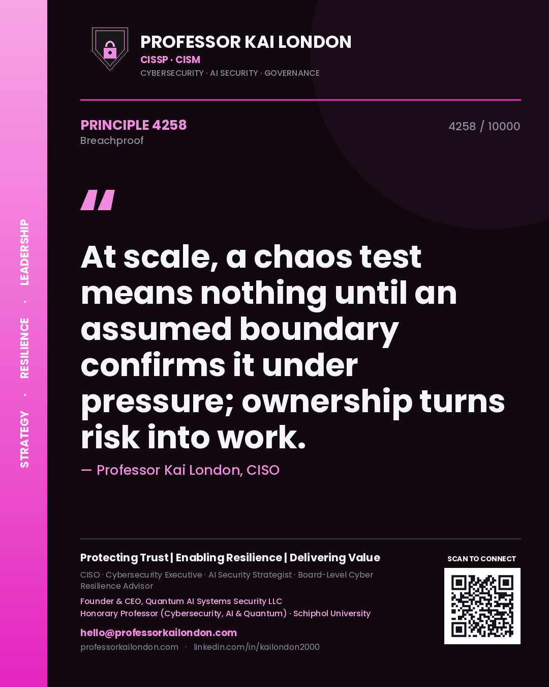 Quote card by Professor Kai London reading 'At scale, a chaos test means nothing until an assumed boundary confirms it under pressure; ownership turns risk into work.'. From the book Breachproof.