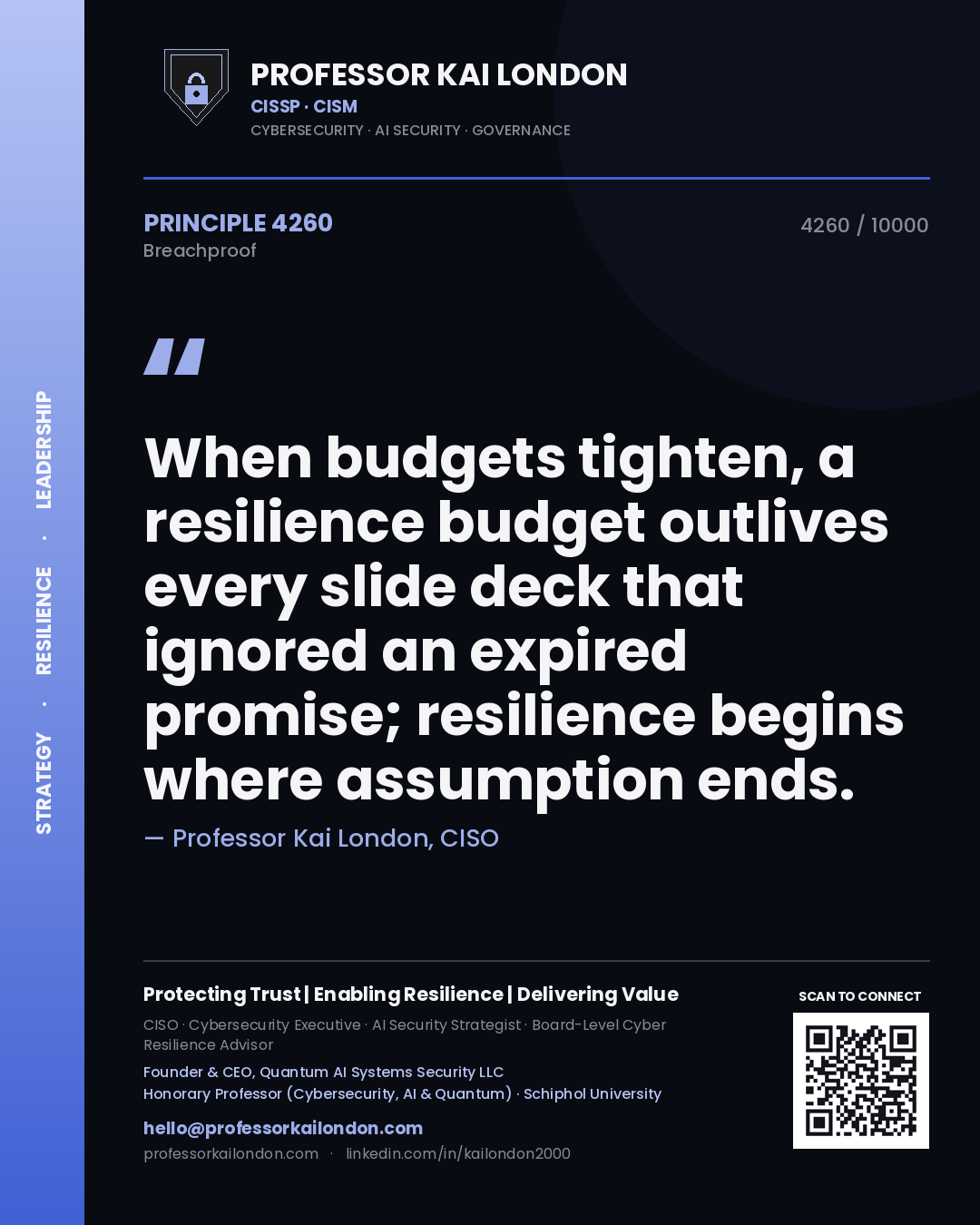 Quote card by Professor Kai London reading 'When budgets tighten, a resilience budget outlives every slide deck that ignored an expired promise; resilience begins where assumption ends.'. From the book Breachproof.