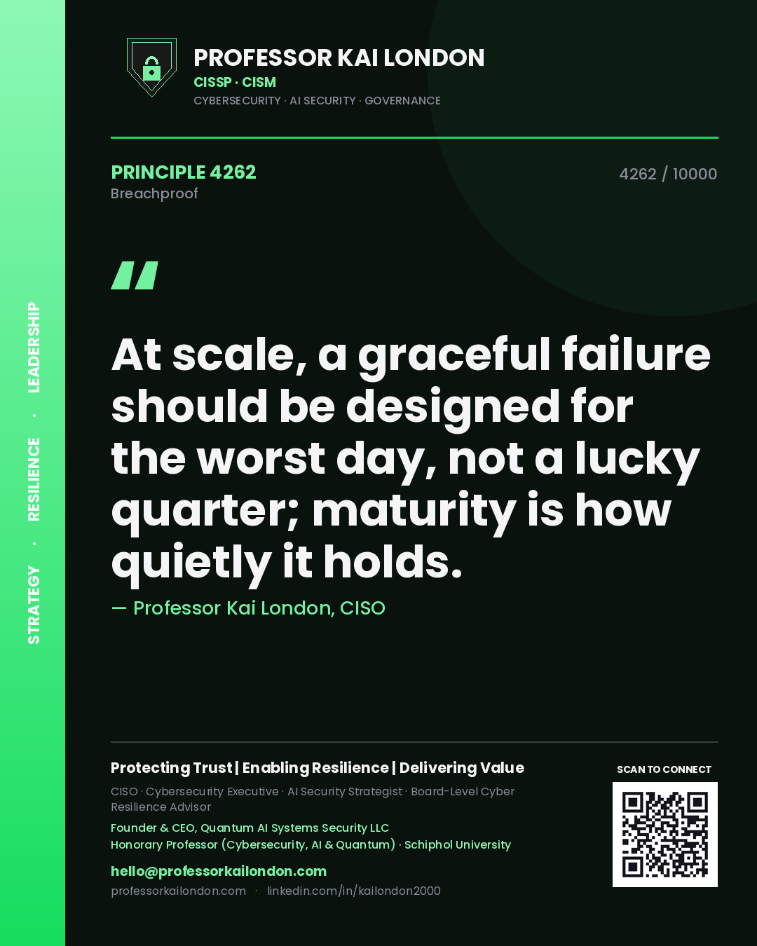 Quote card by Professor Kai London reading 'At scale, a graceful failure should be designed for the worst day, not a lucky quarter; maturity is how quietly it holds.'. From the book Breachproof.