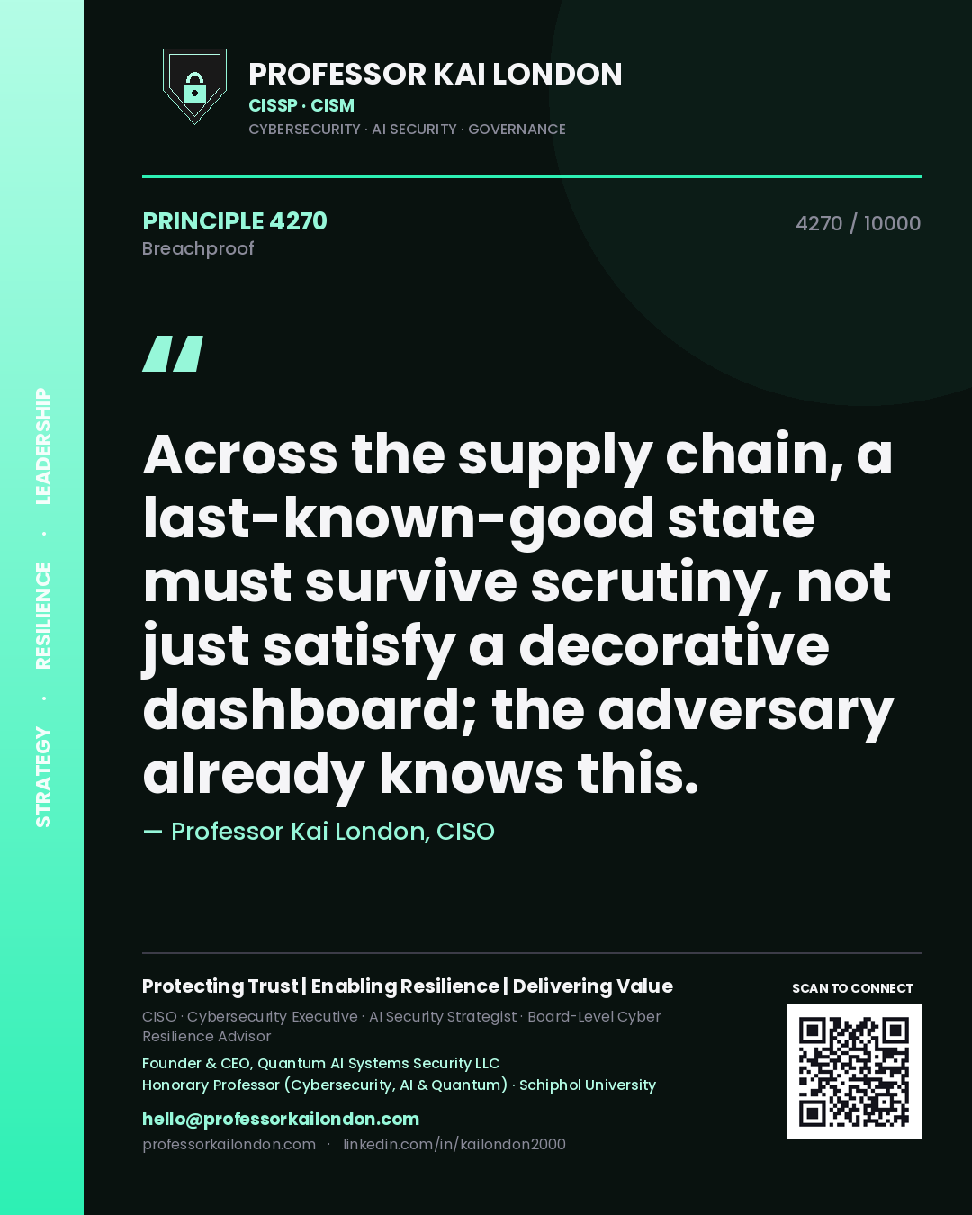 Quote card by Professor Kai London reading 'Across the supply chain, a last-known-good state must survive scrutiny, not just satisfy a decorative dashboard; the adversary already knows this.'. From the book Breachproof.