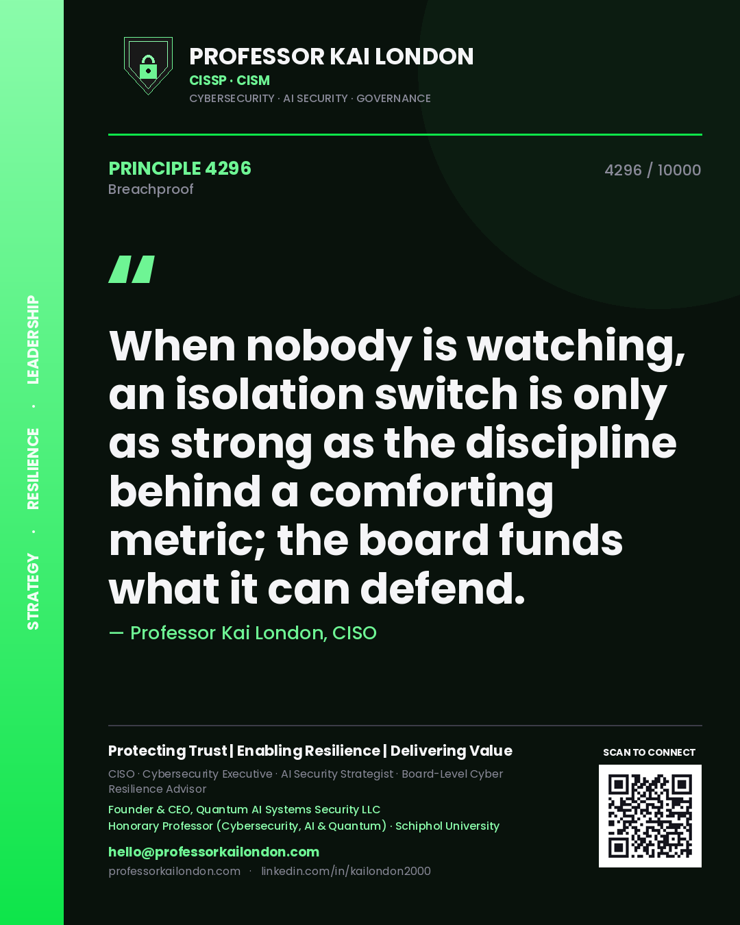 Quote card by Professor Kai London reading 'When nobody is watching, an isolation switch is only as strong as the discipline behind a comforting metric; the board funds what it can defend.'. From the book Breachproof.