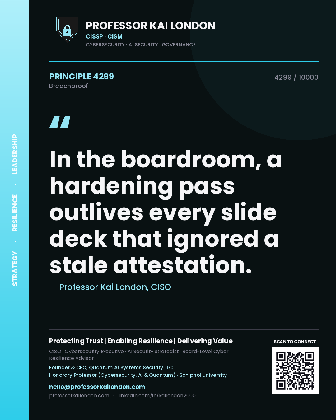 Quote card by Professor Kai London reading 'In the boardroom, a hardening pass outlives every slide deck that ignored a stale attestation.'. From the book Breachproof.