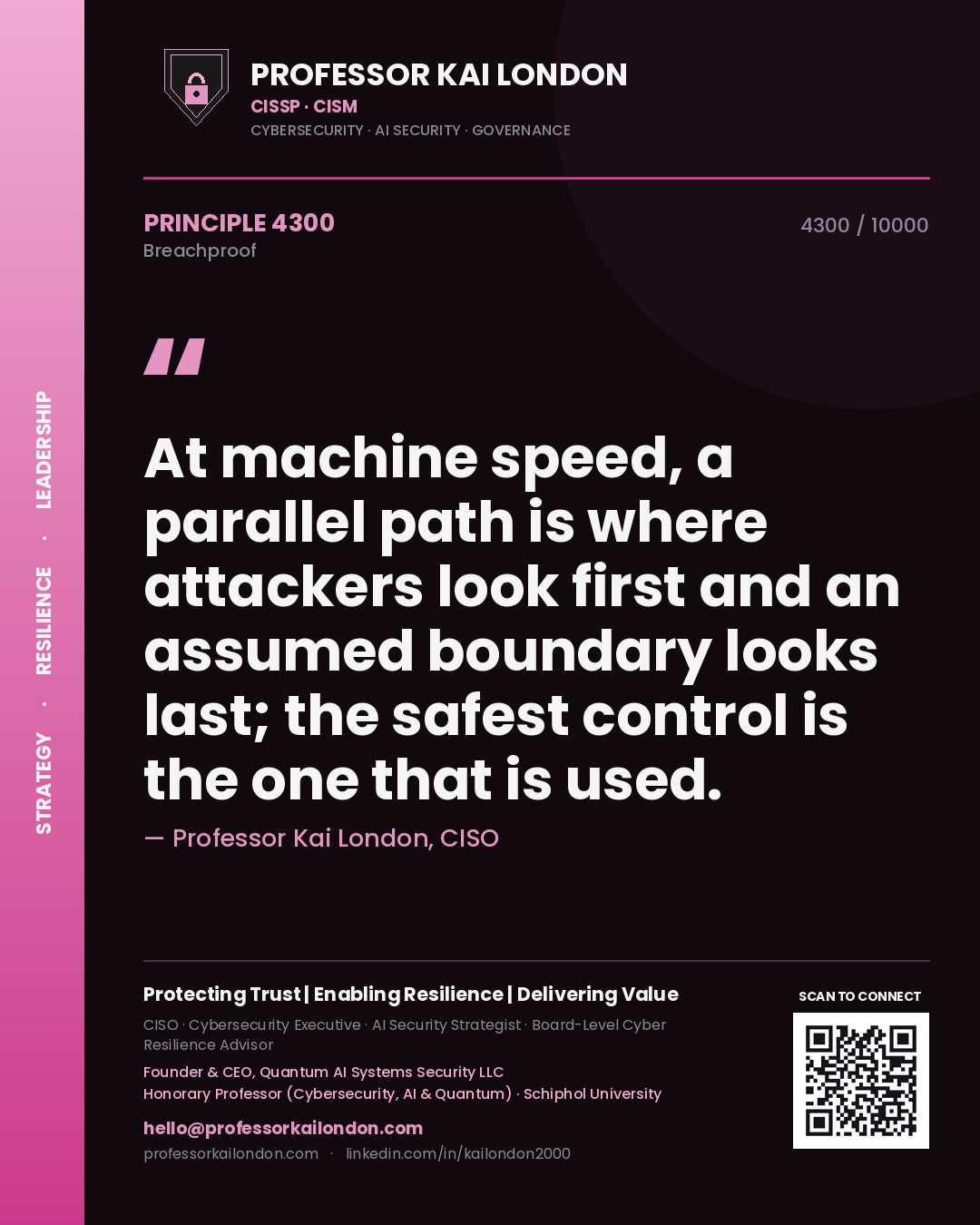 Quote card by Professor Kai London reading 'At machine speed, a parallel path is where attackers look first and an assumed boundary looks last; the safest control is the one that is used.'. From the book Breachproof.