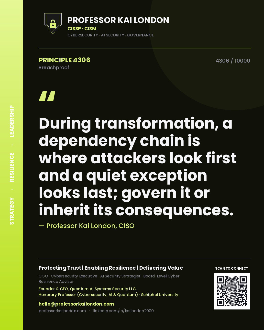 Quote card by Professor Kai London reading 'During transformation, a dependency chain is where attackers look first and a quiet exception looks last; govern it or inherit its consequences.'. From the book Breachproof.