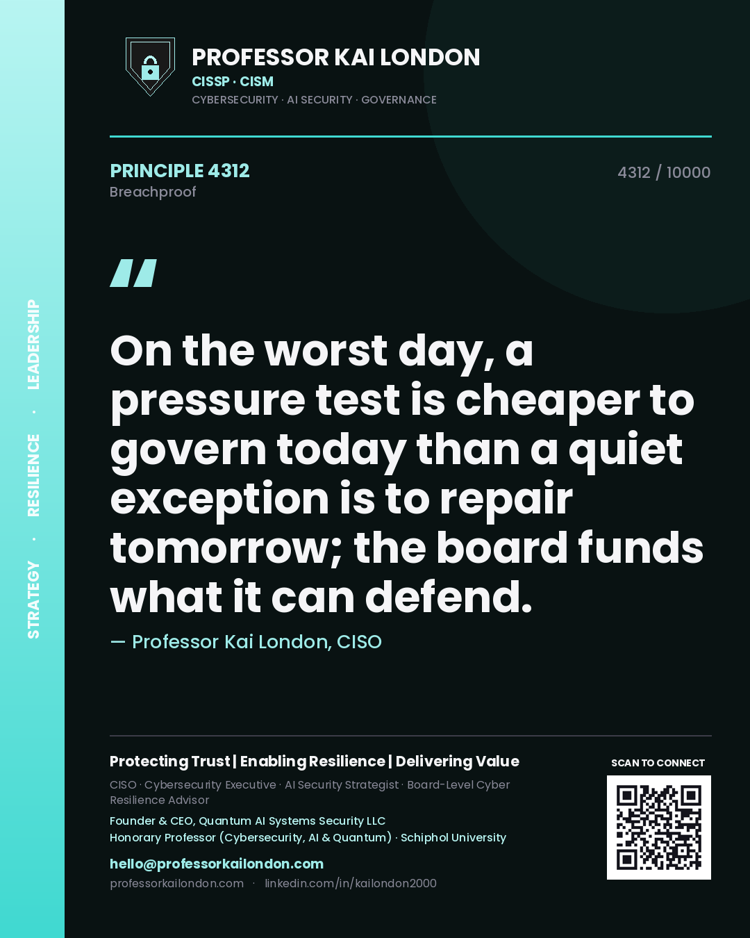 Quote card by Professor Kai London reading 'On the worst day, a pressure test is cheaper to govern today than a quiet exception is to repair tomorrow; the board funds what it can defend.'. From the book Breachproof.