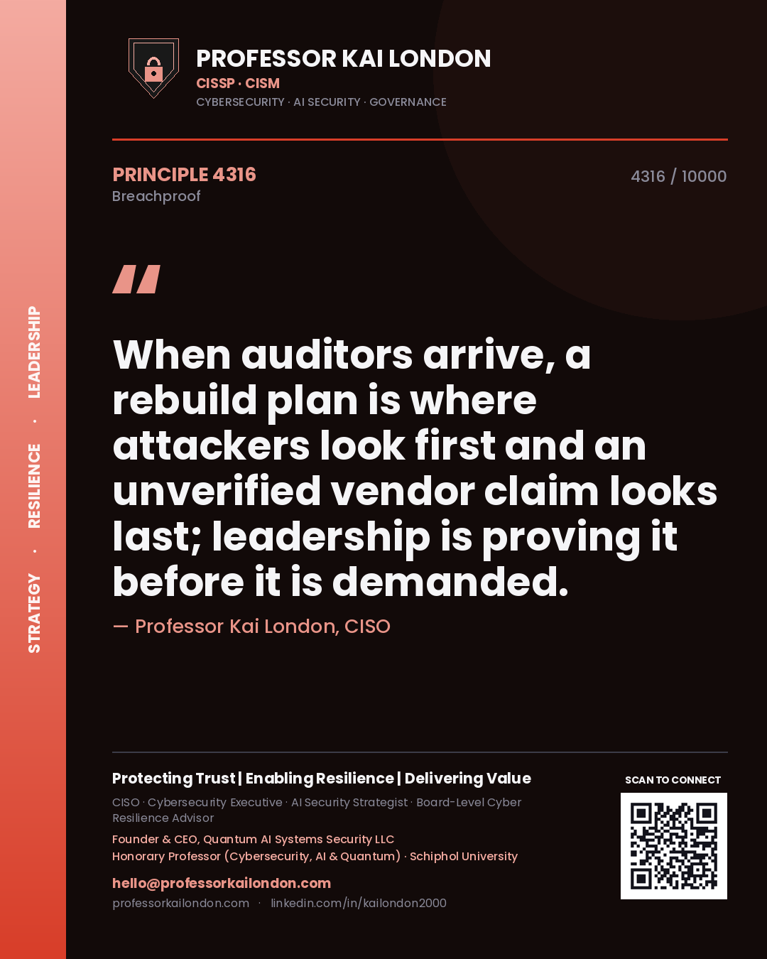 Quote card by Professor Kai London reading 'When auditors arrive, a rebuild plan is where attackers look first and an unverified vendor claim looks last; leadership is proving it before it is demanded.'. From the book Breachproof.