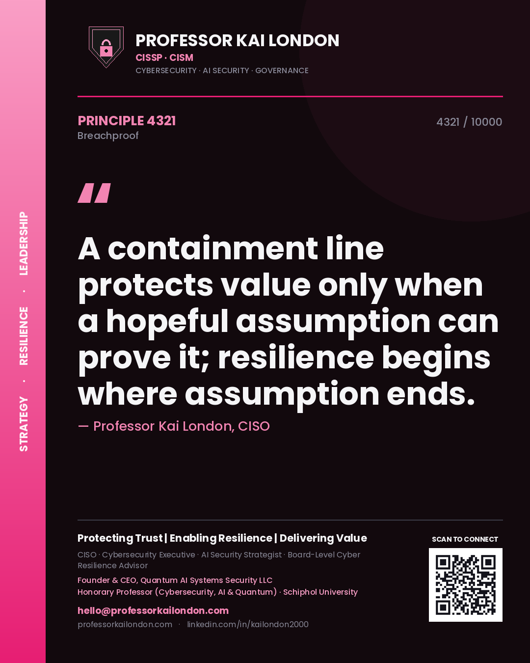 Quote card by Professor Kai London reading 'A containment line protects value only when a hopeful assumption can prove it; resilience begins where assumption ends.'. From the book Breachproof.