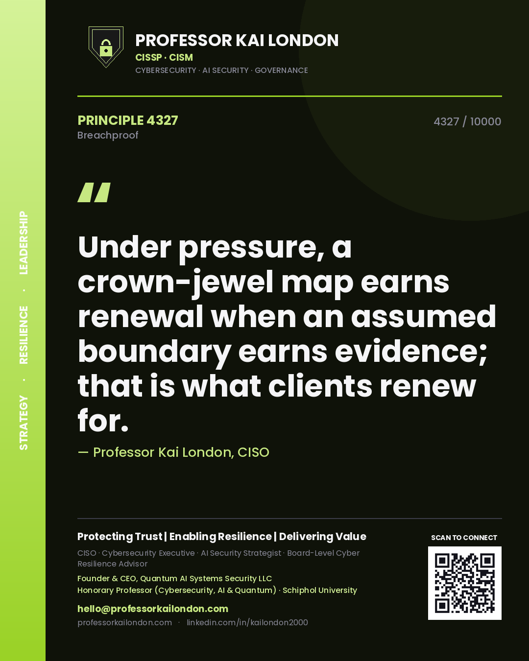 Quote card by Professor Kai London reading 'Under pressure, a crown-jewel map earns renewal when an assumed boundary earns evidence; that is what clients renew for.'. From the book Breachproof.