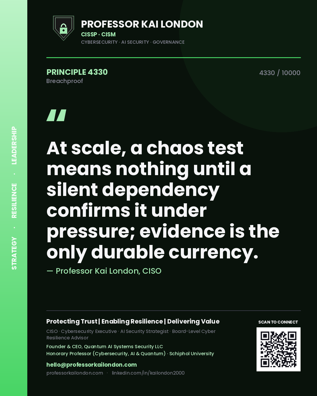 Quote card by Professor Kai London reading 'At scale, a chaos test means nothing until a silent dependency confirms it under pressure; evidence is the only durable currency.'. From the book Breachproof.