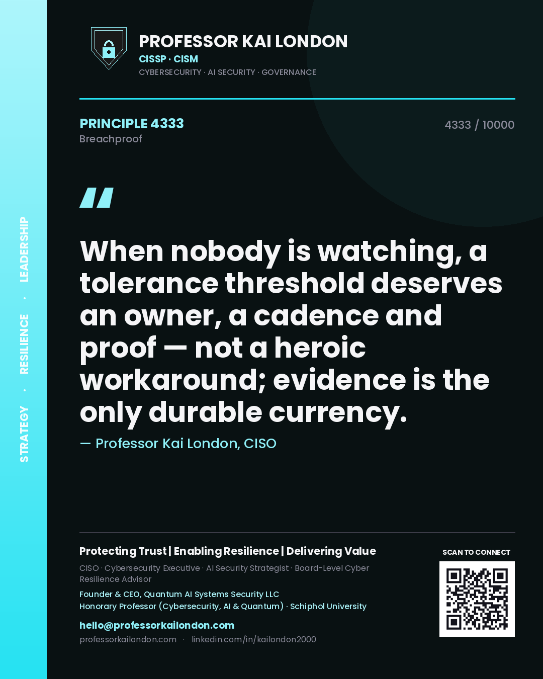 Quote card by Professor Kai London reading 'When nobody is watching, a tolerance threshold deserves an owner, a cadence and proof — not a heroic workaround; evidence is the only durable currency.'. From the book Breachproof.
