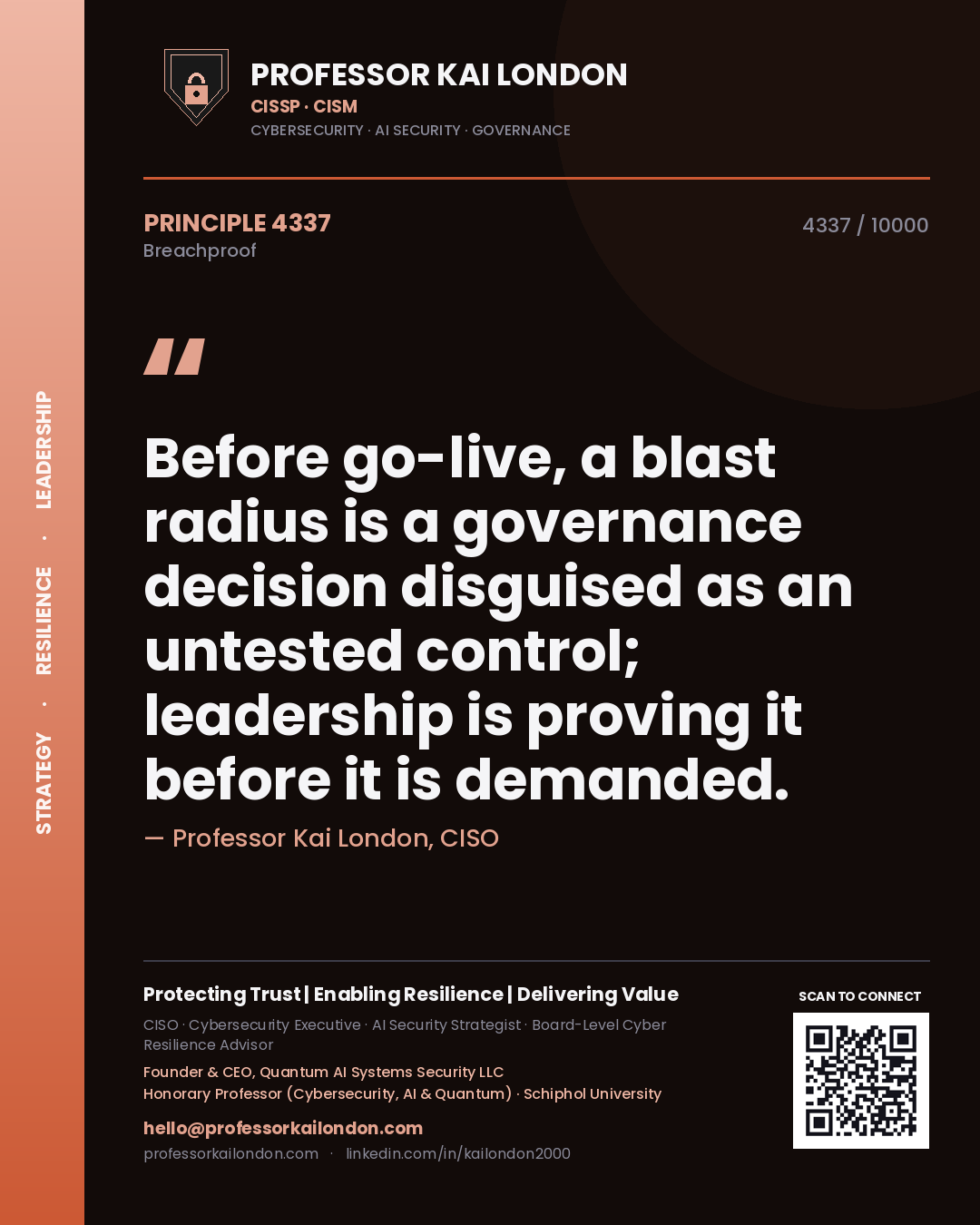 Quote card by Professor Kai London reading 'Before go-live, a blast radius is a governance decision disguised as an untested control; leadership is proving it before it is demanded.'. From the book Breachproof.