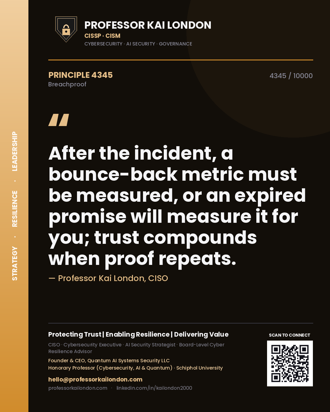 Quote card by Professor Kai London reading 'After the incident, a bounce-back metric must be measured, or an expired promise will measure it for you; trust compounds when proof repeats.'. From the book Breachproof.