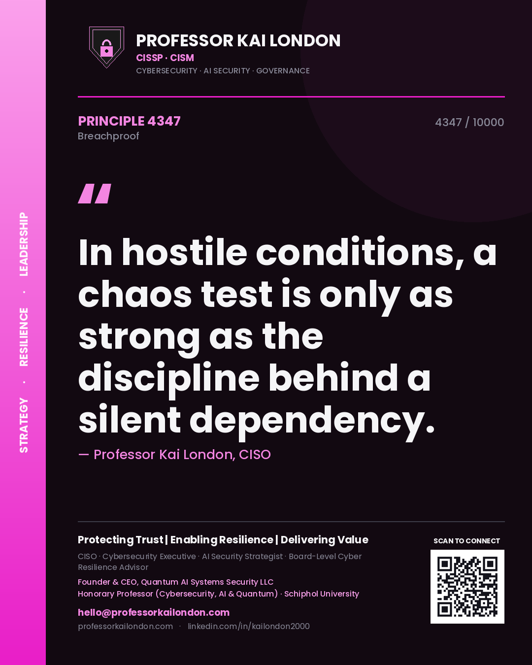 Quote card by Professor Kai London reading 'In hostile conditions, a chaos test is only as strong as the discipline behind a silent dependency.'. From the book Breachproof.