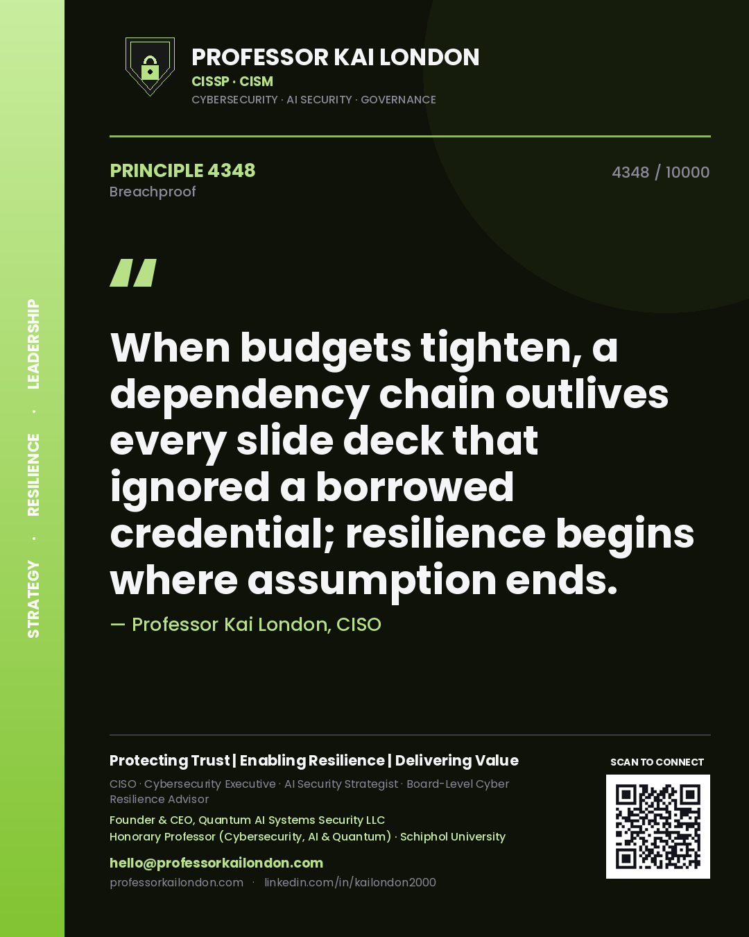 Quote card by Professor Kai London reading 'When budgets tighten, a dependency chain outlives every slide deck that ignored a borrowed credential; resilience begins where assumption ends.'. From the book Breachproof.