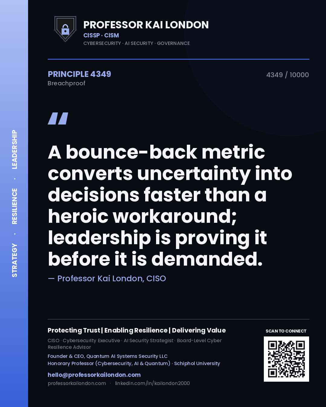 Professor Kai London principle 4349: A bounce-back metric converts uncertainty into decisions faster than a heroic workaround; leadership is proving it before it is demanded.
