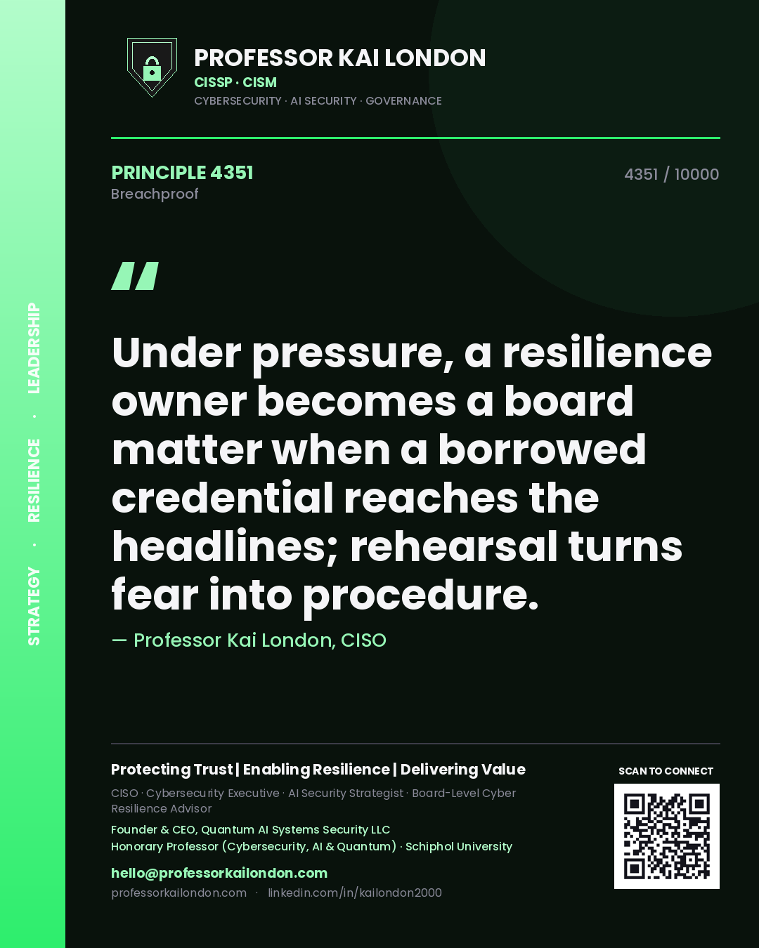 Quote card by Professor Kai London reading 'Under pressure, a resilience owner becomes a board matter when a borrowed credential reaches the headlines; rehearsal turns fear into procedure.'. From the book Breachproof.