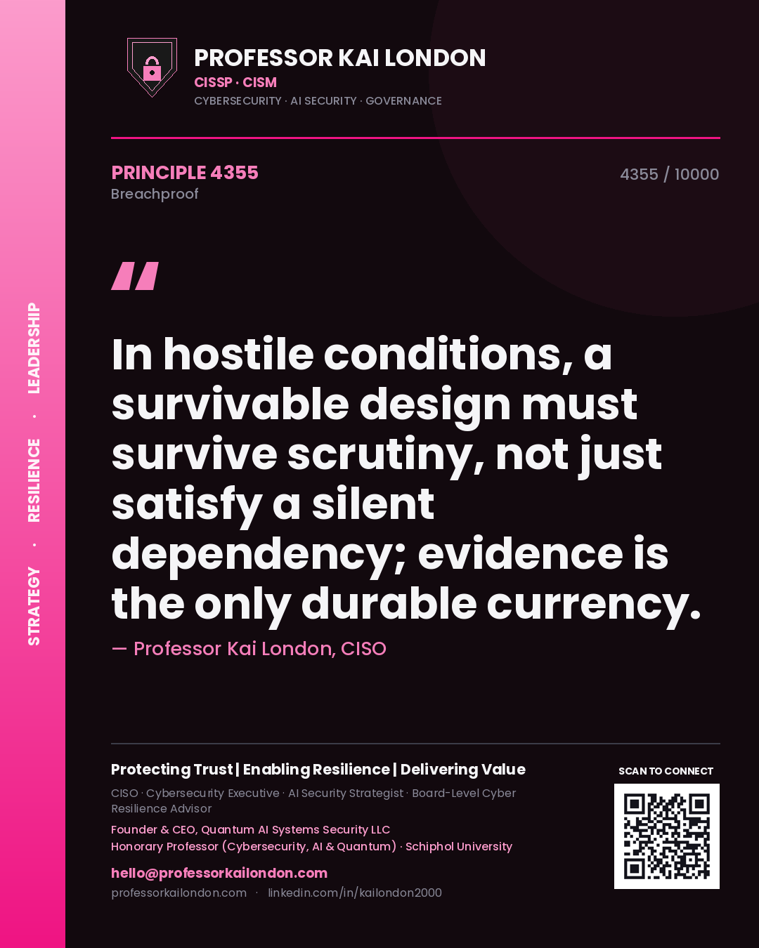 Quote card by Professor Kai London reading 'In hostile conditions, a survivable design must survive scrutiny, not just satisfy a silent dependency; evidence is the only durable currency.'. From the book Breachproof.